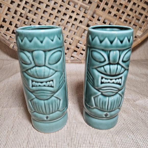Vintage MCM Ceramic Blue Turquoise Green Tiki Tall Mug Cup Glasses Set 2 DW113 - Picture 6 of 11